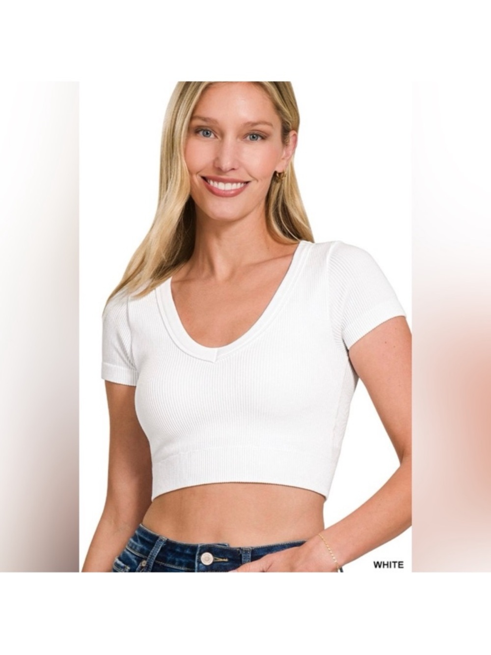 Zenana Outfitters White Ribbed V-Neck Crop Tee